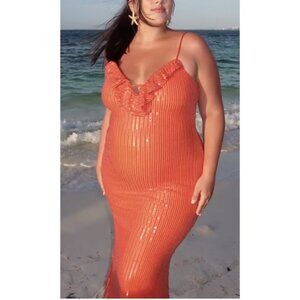 ANTHROPOLOGIE  If By Sea Sequin Slip Midi Dress in Orange Size Large